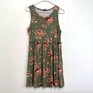 LILY ROSE Olive Green Peach Orange Floral Ruffle Sleeveless Mini Fit Flare Dress